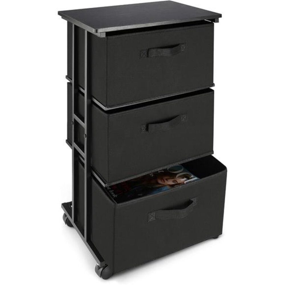 Black 3 Drawer Storage Tower Dresser Fabric Organizer Rolling Slim Bedroom Close